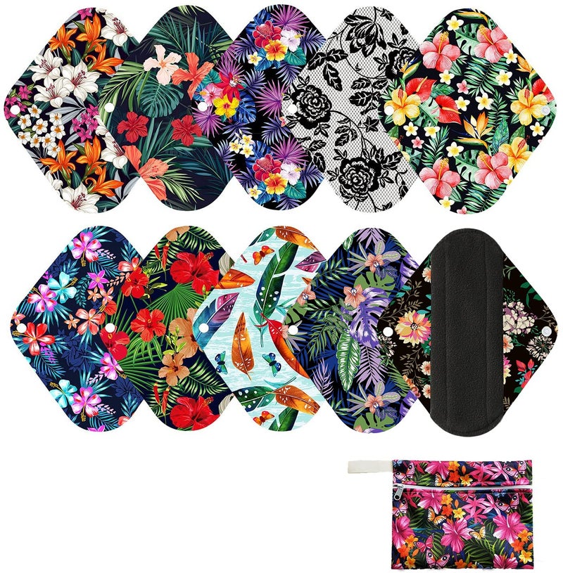 10 Pcs Reusable Menstrual Pad Set Including 1Pc Mini Wet Bag 9Pcs Light Flow Daily Use Waterproof Mama Cloth Sanitary Napkin Pads Menstrual Pads Panty Set Panty Liner Bamboo Charcoal